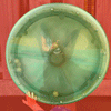 Rainbow Squared Year 5, Piece Twenty-Seven, 4. Red Green. An animated loop of a transparent plastic spinning wheel with three small balls flying around inside of it. It is on a playground structure, and in the photo you can see the reflection of the hands holding the camera and people walking by. As the loop restarts, a small hand reaches up to spin the wheel again. E’s small hand. The background surrounding the circle has been overlaid with red and the center has been overlaid with green.