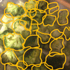 Rainbow Squared, Year 5, Piece Thirty-Nine: 23. Green Orange. An animated photo loop of a pan of broccoli and a pot of pumpkin soup on the stove, with digitally drawn lines in green and orange on top of it. 