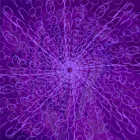 Animated loop with purple-treated background of a photo of plants with lines drawn on top of them. On top the Hebrew handwritten-text of “Chesed” repeats emanating from the center and disappearing again.